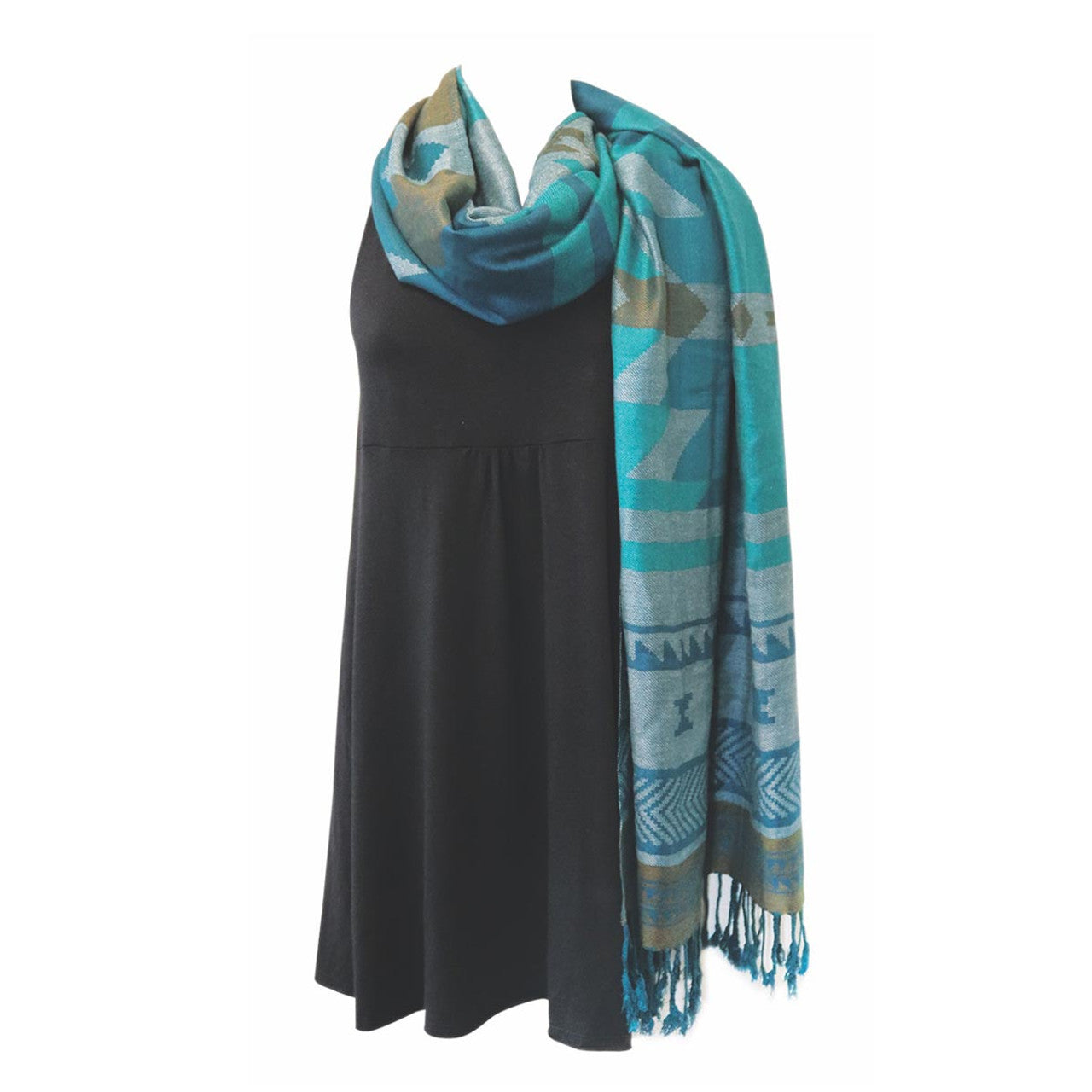 Salish Weaving Jacquard Shawl | Visions of our Ancestors (Teal) by Leila Stogan