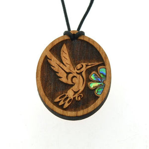 Cherry Wood Pendant with Abalone | Nurturer (Hummingbird) by Lou Ann Neel