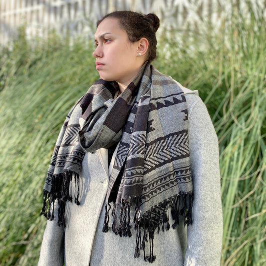 Salish Weaving Jacquard Shawl | Visions of our Ancestors (Black/Grey) by Leila Stogan