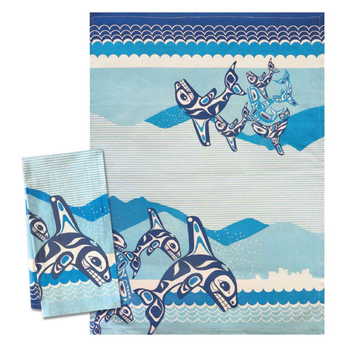 Printed Cotton Tea Towel | Orca Family by Paul Windsor